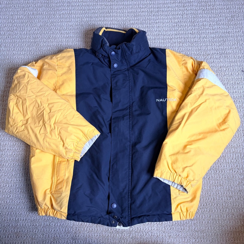Vintage Nautica NX3000 Reversible Down Puffer Jacket Mens XL Yellow Navy Cream